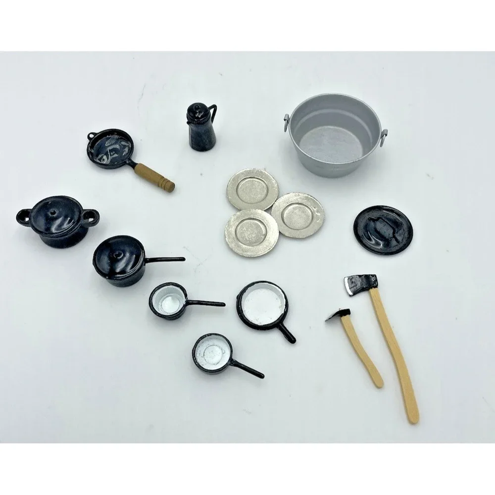 14 Pc Set Miniature‎ Metal Dollhouse Camping Supplies Dishes Pots & Tools